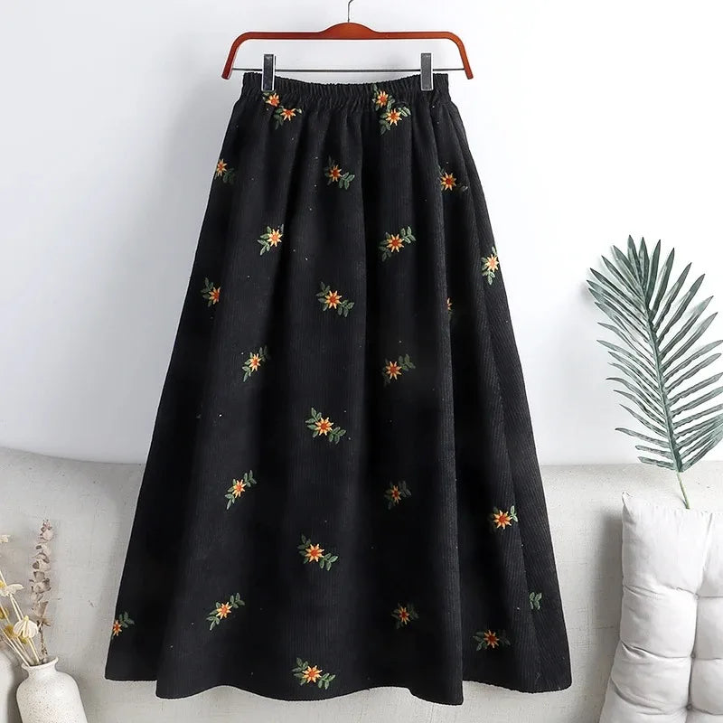 Women Corduroy Embroidered Midi Skirt High Waist Versatile Slim Fit A Line Umbrella Skirt For Autumn Winter