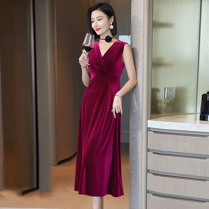 Golden Velvet Dress For Women Spring And Autumn New Fashionable V Neck Sleeveless Dress Velvet Thickened Hip Wrap Long Dress