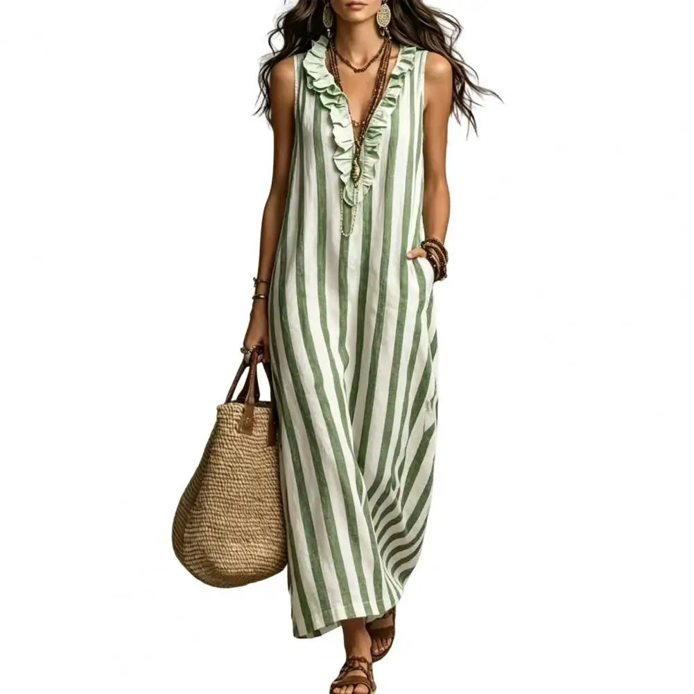 Women Striped Cotton Linen Maxi Dress Sleeveless Ruffle V Neck Long Dress Boho Beach Flowy Sundress with Pockets Elegant Women D