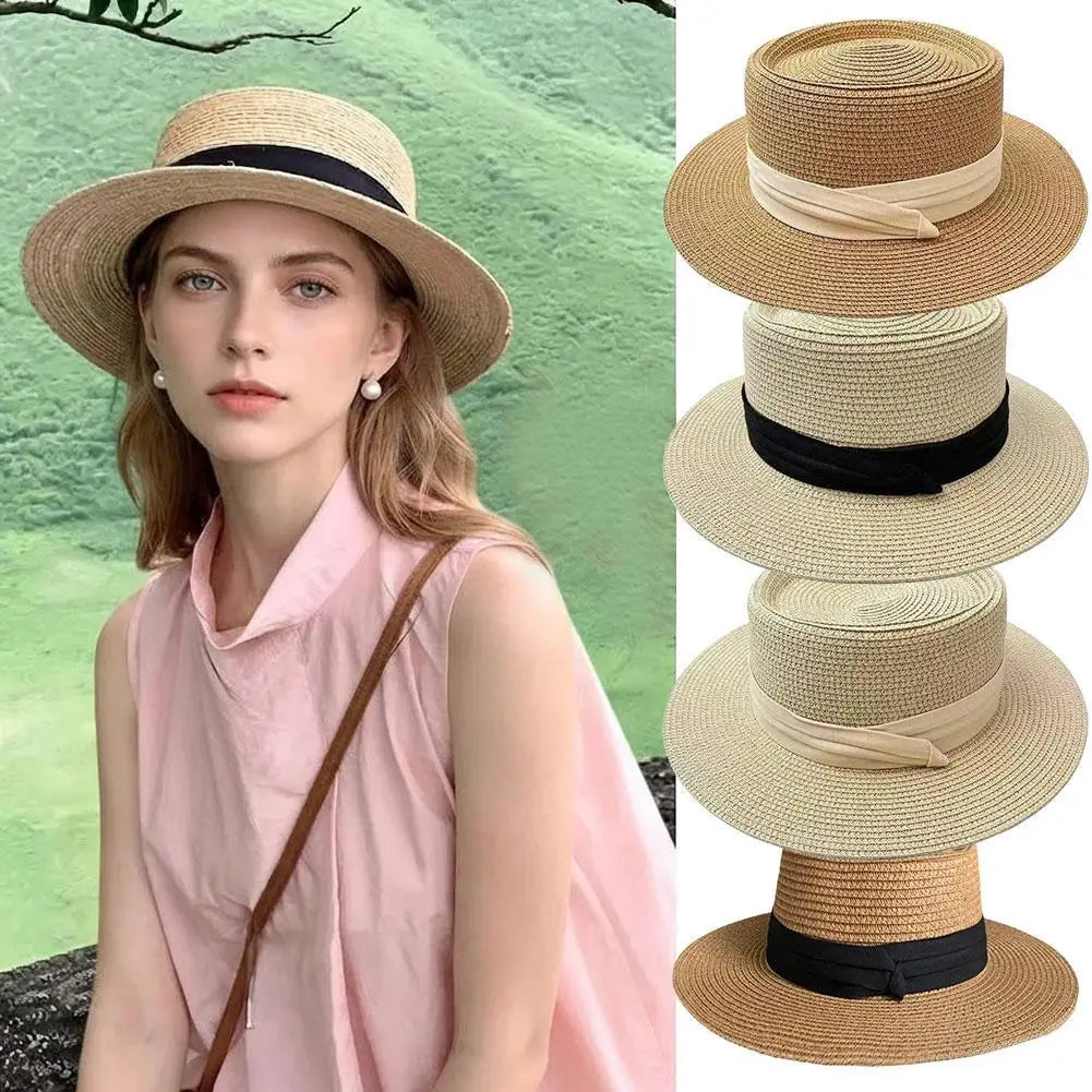 Boater Straw Hat wide brim French elegant square ribbon women&