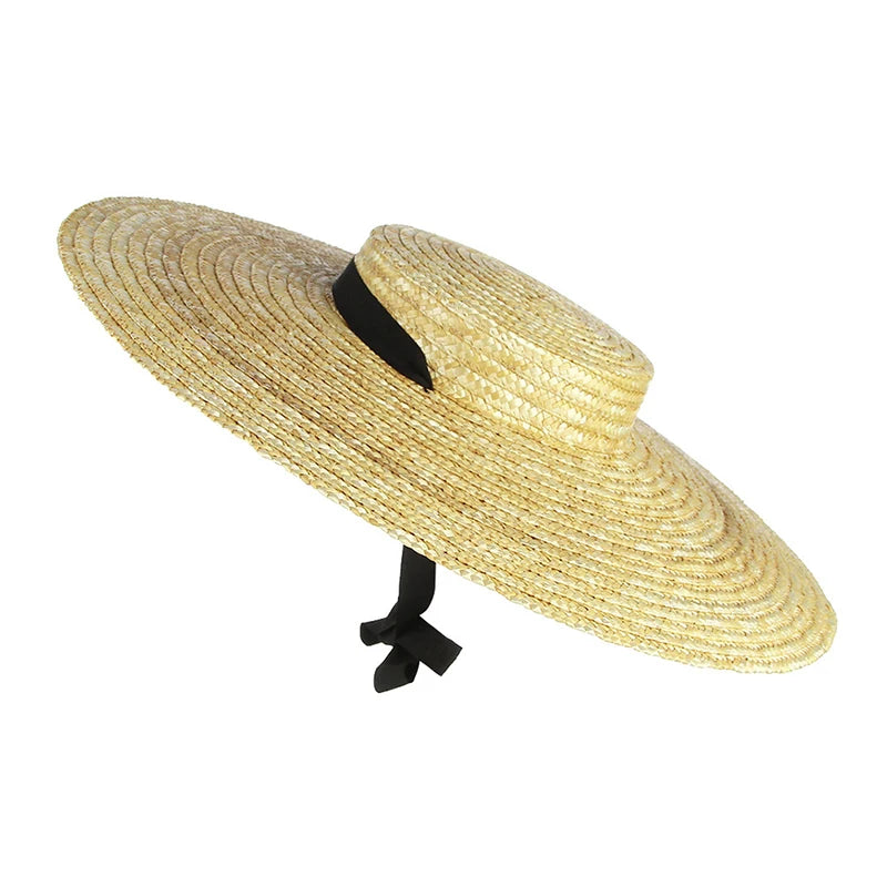 Wide Brim Straw Hat For Women Long Ribbon Ladies Beach Hat Summer Sun Visor Cap Flat Top Large Brim Tie Straw Straw Hat