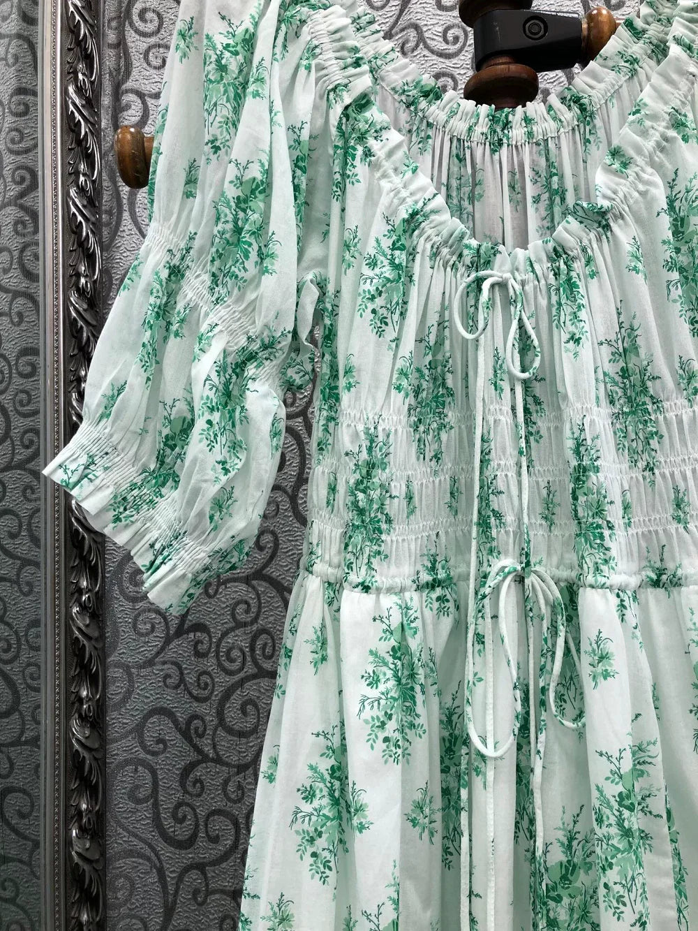 100%Cotton Long Dress 2026 Summer Bohemian Beach Lady Green Leaves Prints Elastic Waist Short Sleeve White Long Maxi Dress
