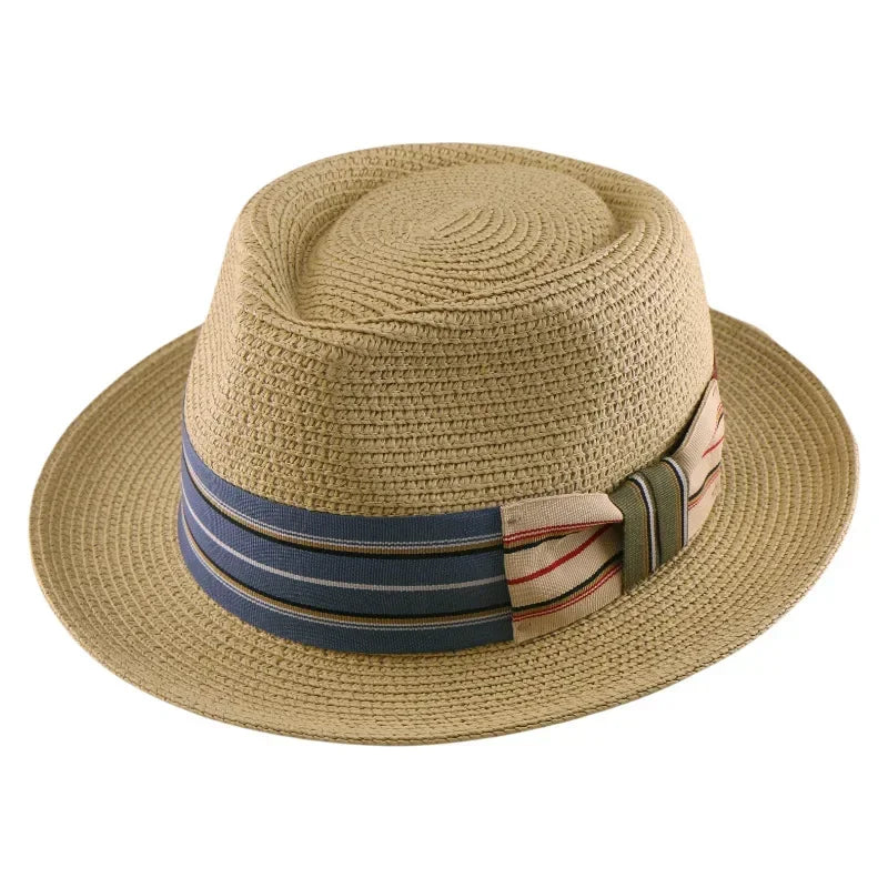 Straw Hat Breathable Braided UV Sun Protection Wide Brim Striped Ribbon Boater for Beach Summer Vacation Outdoor Men Women