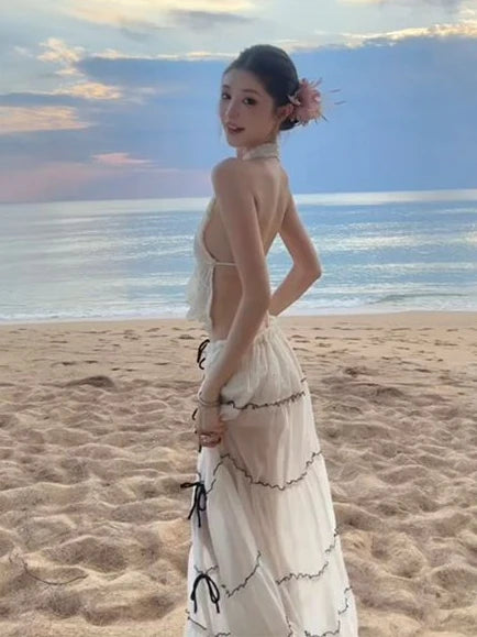 Women Boho Two Piece Set Halter Pleated Crop Top and Layered Maxi Skirt Drawstring Detail Slim Fit Suit Beach Summer Outfit 2025