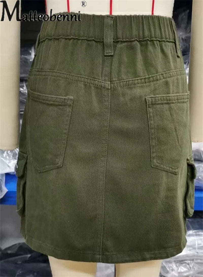 Fashion Half Straight Denim Short Skirt Women Summer Daily Casual Elastic Waist Button Splice Pocket Commuter Female Streetwear
