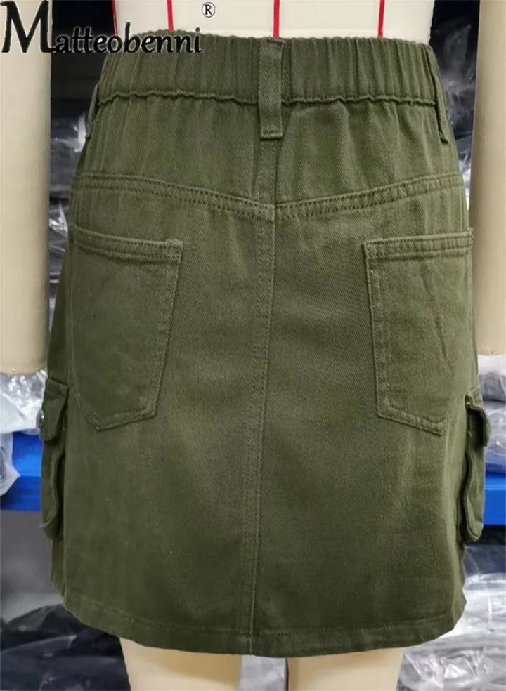 Fashion Half Straight Denim Short Skirt Women Summer Daily Casual Elastic Waist Button Splice Pocket Commuter Female Streetwear