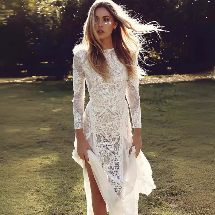 White Lace Maxi Dress Women Long Sleeve Hollow Out Backless Elegant Party Wedding Evening Gown Robe Female Clothing