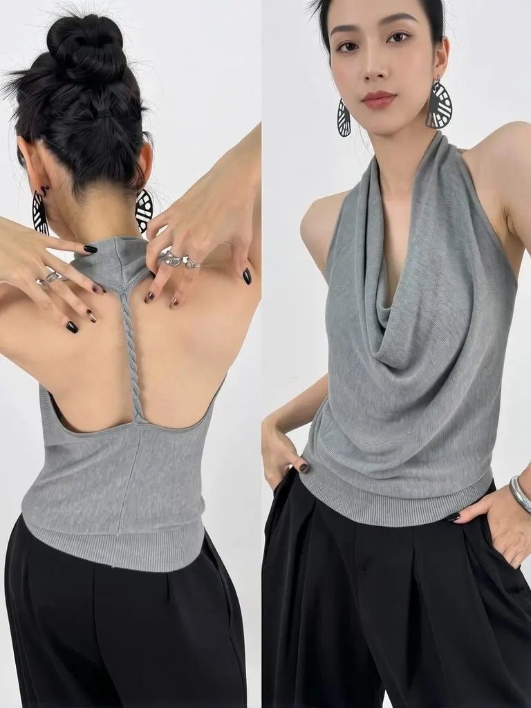 Cowl Neck Elegant Summer Women Top Sleeveless Halter Neck Tank Top Laced Ice Silk Knit Backless Sexy Basic Tees Blouse