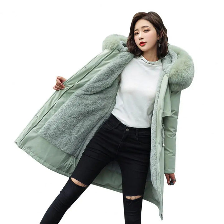 Winter Women Jacket Furry Hood Cotton Jacket Plus Size Zipper And Button Closure Plush Lining Cotton Coat Windproof Warm Coat