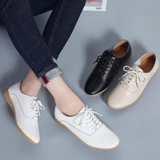 2025 New Women Flats Spring Autumn Woman Loafers Leather Female Shoes Lace up Soft Comfortable Ladies Women&