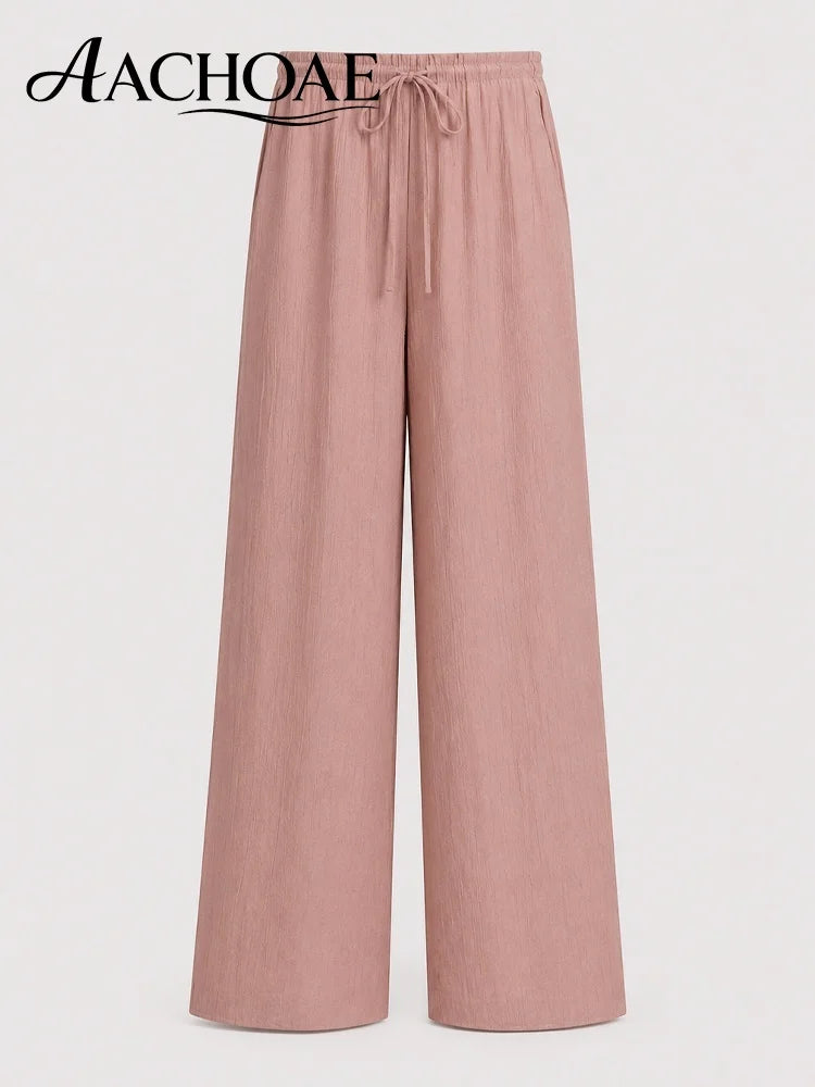 Women Linen Wide Leg Pants Summer Beach Long Pants Casual Drawstring Loose Beach Trousers