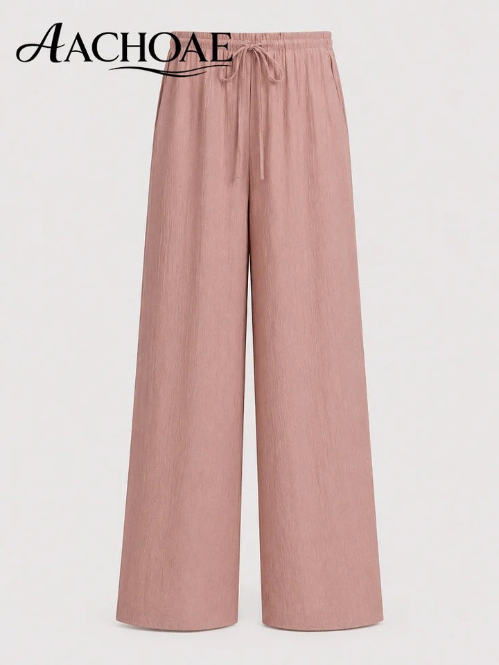 Women Linen Wide Leg Pants Summer Beach Long Pants Casual Drawstring Loose Beach Trousers