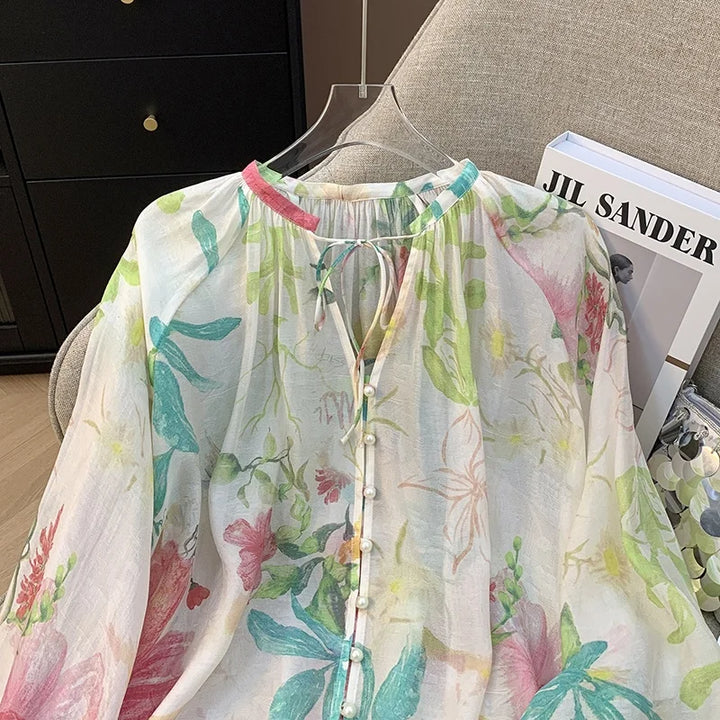 Casual Cotton Linen Fashion Set Women Loose Versatile Belted Sun Protection Shirt Shorts Superb Floral Colors High Quality