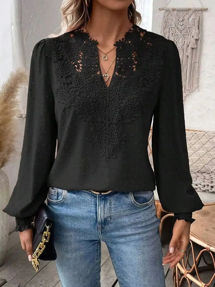2026 New V-Neck Lace Splicing Long Sleeve Casual Shirt Women&