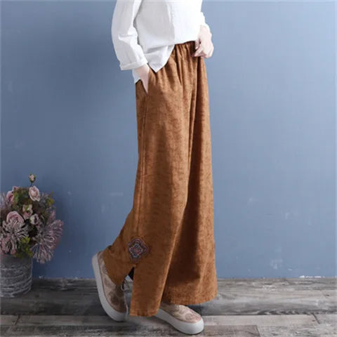 Women Linen Wide Leg Pants Elastic Waist Embroidery Patch Split Hem Loose Casual Ankle Trousers