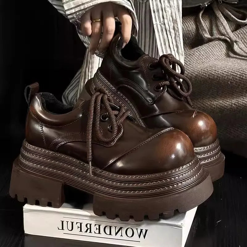 Women Retro Loafers 2025 Spring New Luxury Brand Increase Thick Sole Leather Oxford Shoes Lace Up Outdoor Work Platform Shoes