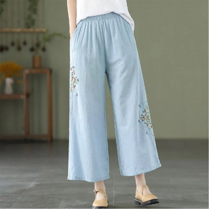 Fashion Women Embroidery High Waist Oversized Pants Summer Cotton Hemp Thin Elastic Band Loose Wide Leg Casual Straight Trousers