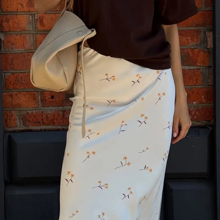 Women Satin Floral Print Midi Skirt High Elastic Waist Casual Long Skirt Summer Elegant Office Commuter A-Line Silky Dress Skirt