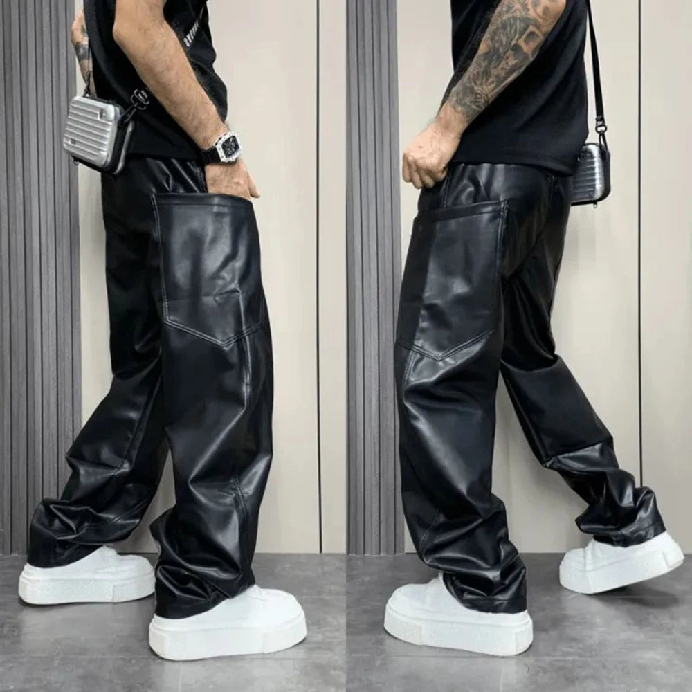 Mens Pu Leather Pants Multi-Pocket Pu Pants Streetwear American Hip-Hop All-Match Solid Color Simple Casual Pants Men&