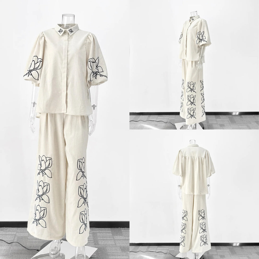 Cotton Linen Women Elegant Two Piece Set Loose Half Sleeve Embroidered Shirt &amp; Wide Leg Pants Set Casual Outfits Streetwear