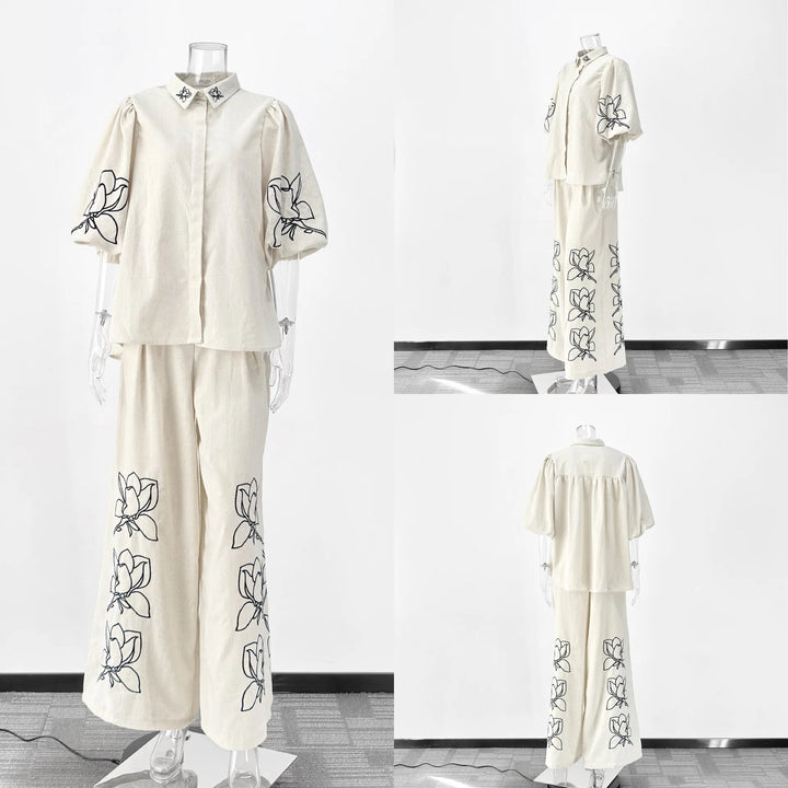 Cotton Linen Women Elegant Two Piece Set Loose Half Sleeve Embroidered Shirt &amp; Wide Leg Pants Set Casual Outfits Streetwear