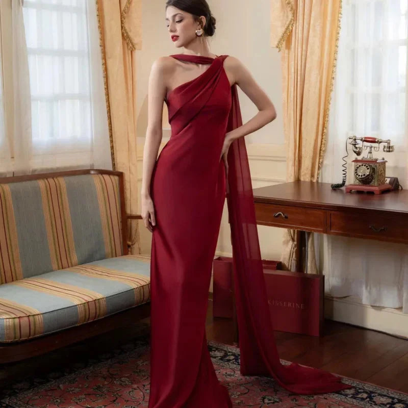 Satin One Shoulder Mermaid Maxi Dress Women Elegant Party Bodycon Slim White Evening Gown Formal Banquet Robe Female Clothing