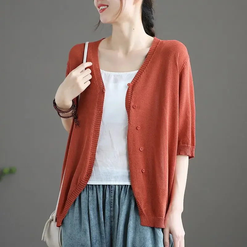 Knitted Sweater Woman Outerwear V Neck Summer Thin Solid Cardigan for Women 2025 Trending Fashion Lightweight Harajuku Aesthetic