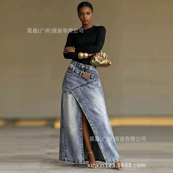 High Waist Asymmetrical Slit Denim Skirt Women&