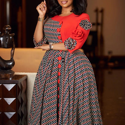 Elegant Dresses for Women 2025 Fall Fashion African 3/4 Sleeve Party Birthday New Robe Chic 3D Flower Plaid Evening A-Line Dress