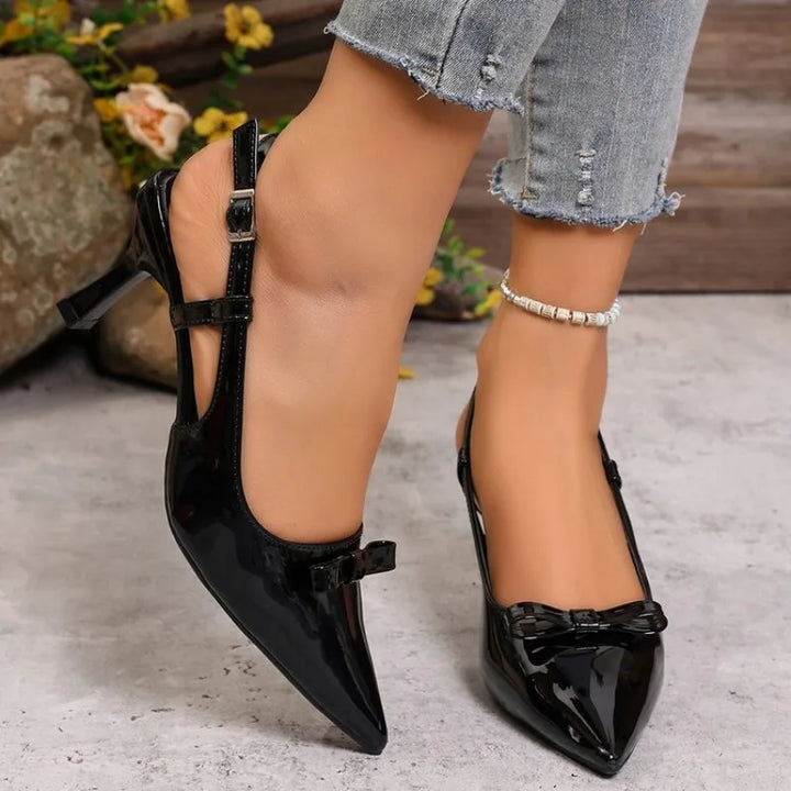 Women Pointed Toe Slingback Heels Elegant Patent Leather Metal Buckle Mid Kitten Heel Dress Shoes for Party Office Wedding Shoes
