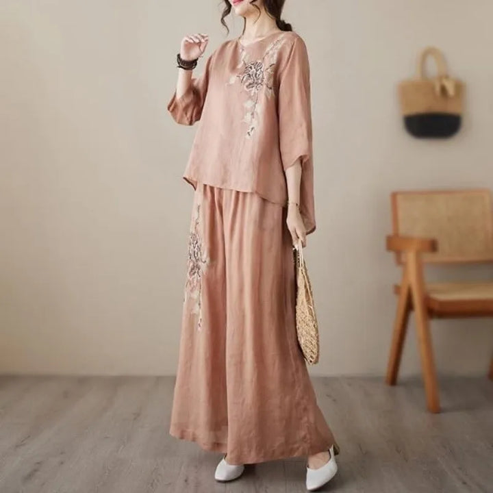 Linen Cotton Two Piece Set Women Embroidery Top Wide Leg Pants 2026 Summer Loose Fit Casual Mother Outfit for Daily Wear