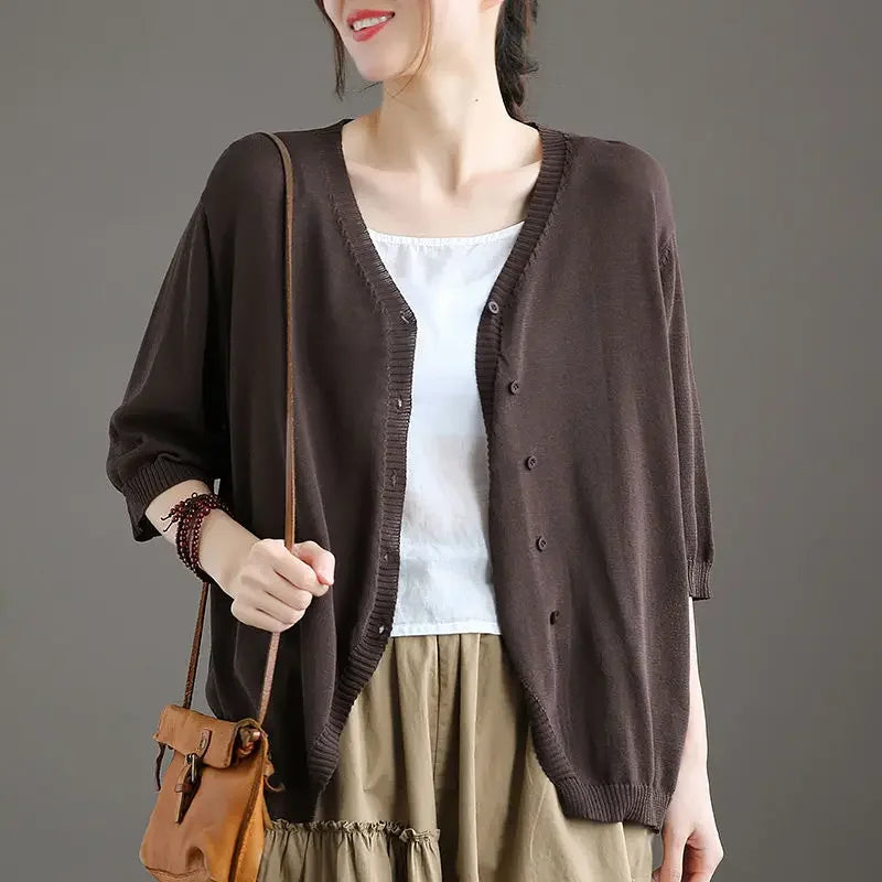 Knitted Sweater Woman Outerwear V Neck Summer Thin Solid Cardigan for Women 2025 Trending Fashion Lightweight Harajuku Aesthetic