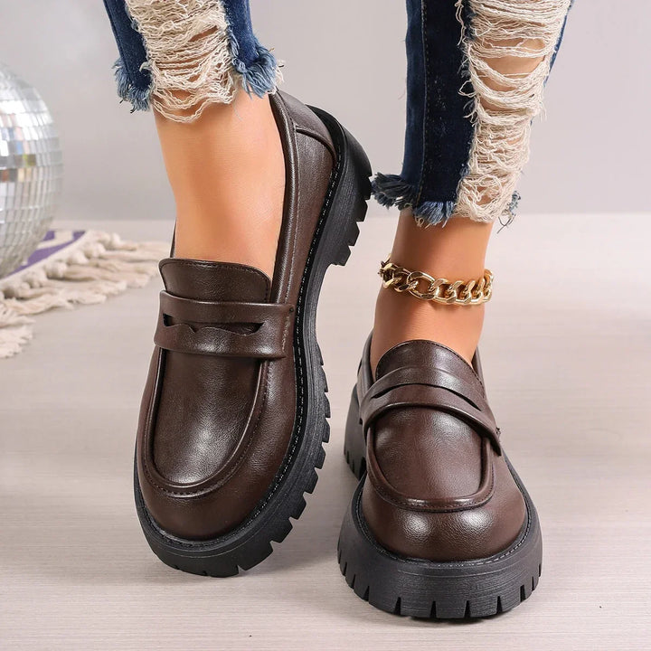Casual Platform Loafers Woman 2025 British Style Black Brown PU Leather Shoes for Women Comfort Slip On Flats Plus Size