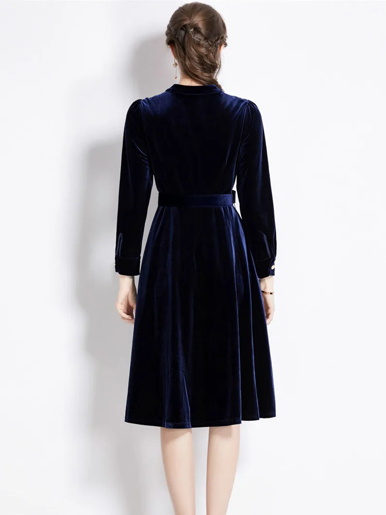 Autumn Vintage Solid Velvet Dress for Women Winter V-neck Long Sleeve Belts Slim A-line Midi Dress Robes Femme