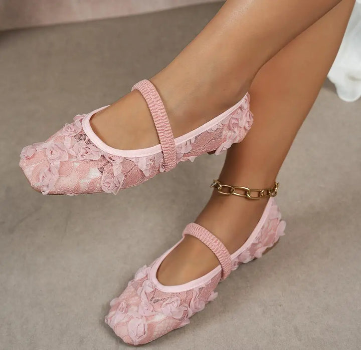 French-style Net Flower Mary Jane Flat Shoes for Women Sweet Square-toe Ballet-inspired Single Shoes Woman Summer Fairy Sandals