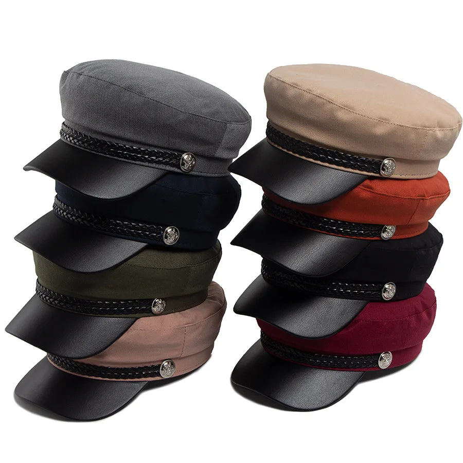 Flat Top Newsboy Cap Streetwear Women Vintage Sailor Cap Daily Wear British Style Cadet Cap PU Leather Brim Peaked Beret Travel