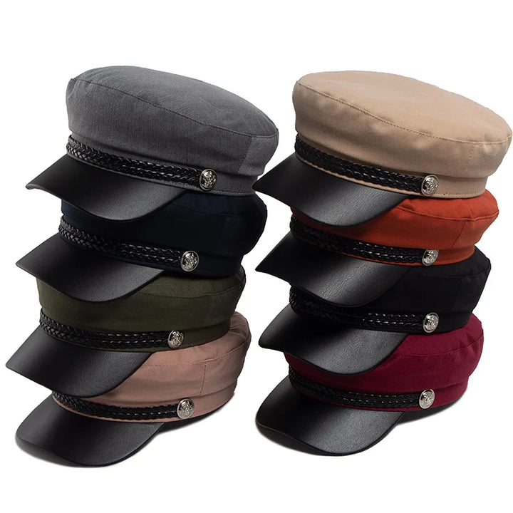 Flat Top Newsboy Cap Streetwear Women Vintage Sailor Cap Daily Wear British Style Cadet Cap PU Leather Brim Peaked Beret Travel