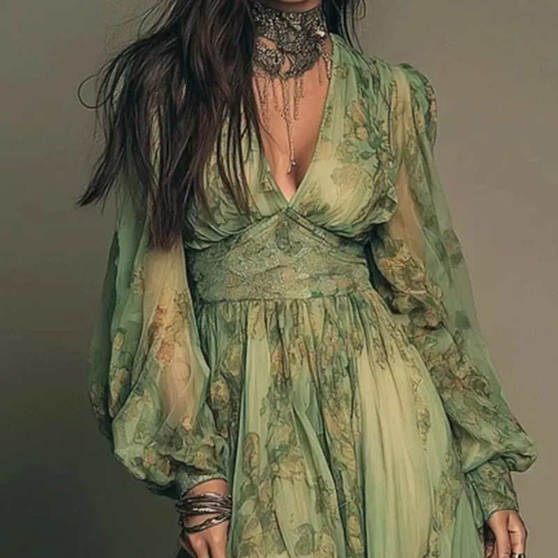 Elegant Green Floral Print Chiffon Maxi Dresses For Womeni Spring Sexy Deep V Neck High Waist Long Sleeve Boho Beach Long Dress