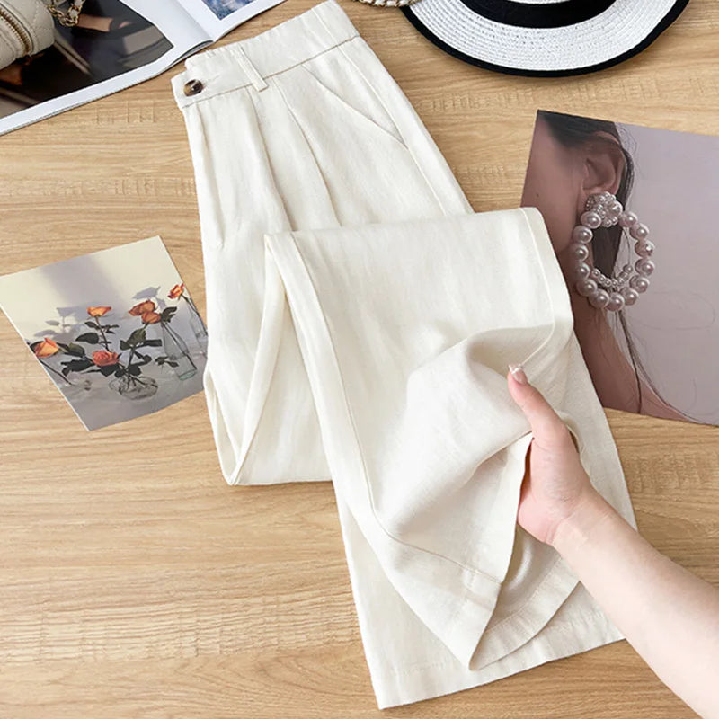 Khaki Linen Wide Leg Pants Women Summer Thin  Casual Loose Drapey Slimming Cotton Linen Long Pants Commute Style High W...