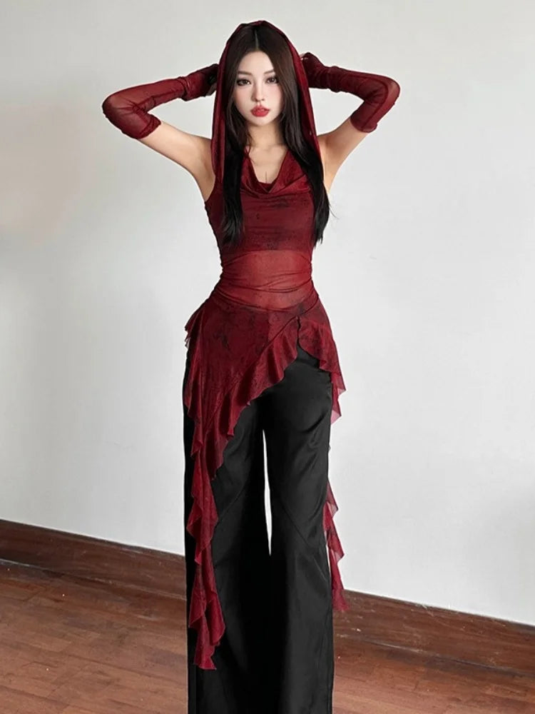 Hooded T Shirts For Women Streetwear See Through Mesh Y2k Tops Sleeve Cover Grunge Clothes Ruffles Ropa Mujer Gothic Camisetas