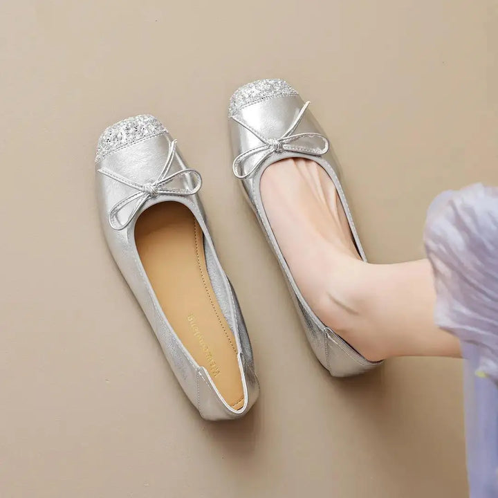 2025 New Genuine Leather French Ballet Flats for Women, Summer Outdoor Wear, One-Piece Bow Soft Sole Low-Heeled Shoes