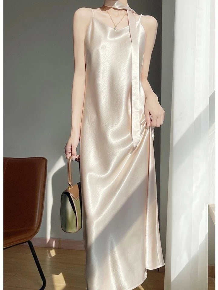 French Elegant Satin Camis Dress Women Summer Loose with Ribbon Midi Dress Female Fashion Aesthetic Party Evening Slip Dress