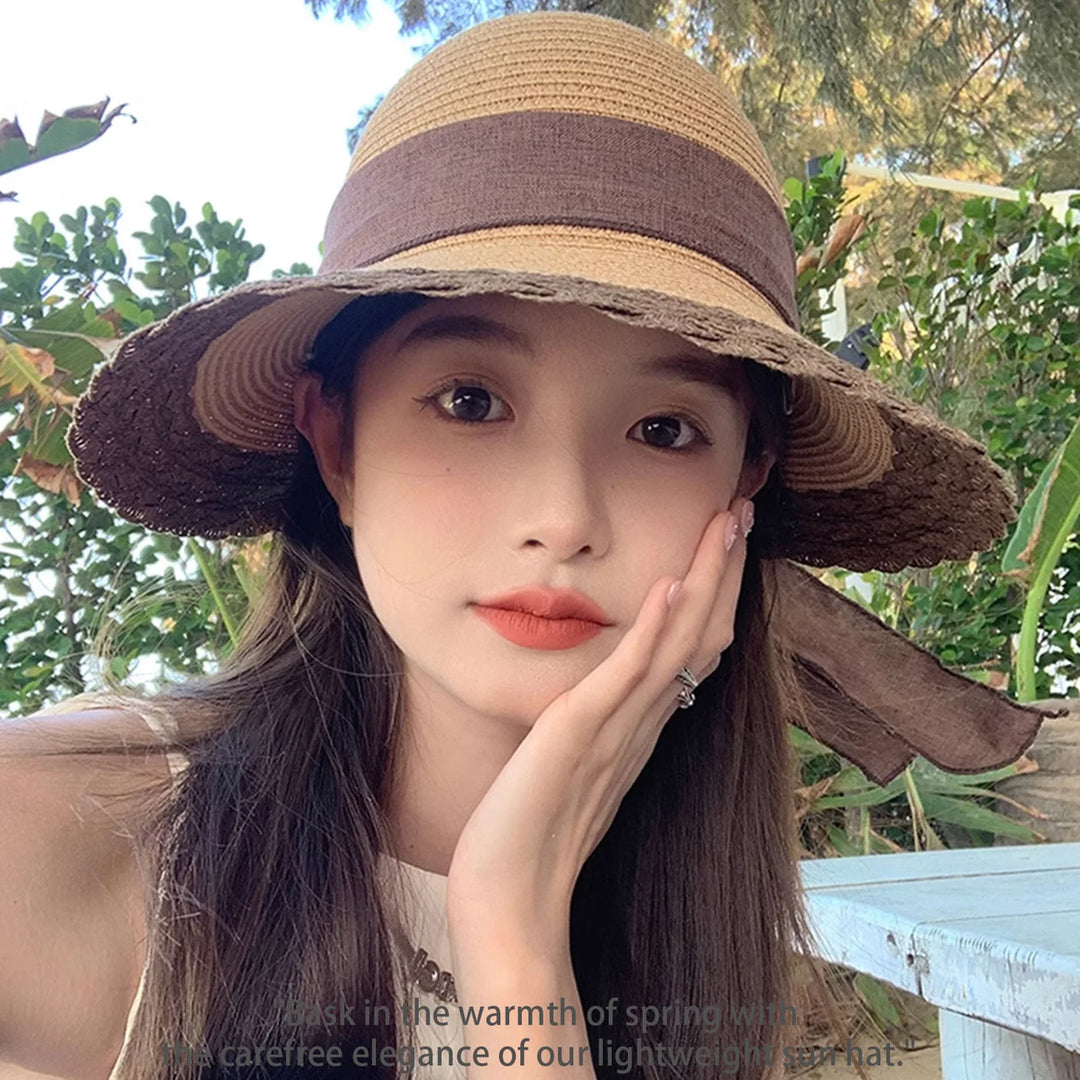 Women Wide Brim Straw Hat Lace Edge Design Beach Caps with Bowknot for Outdoor Sports Hiking Travel