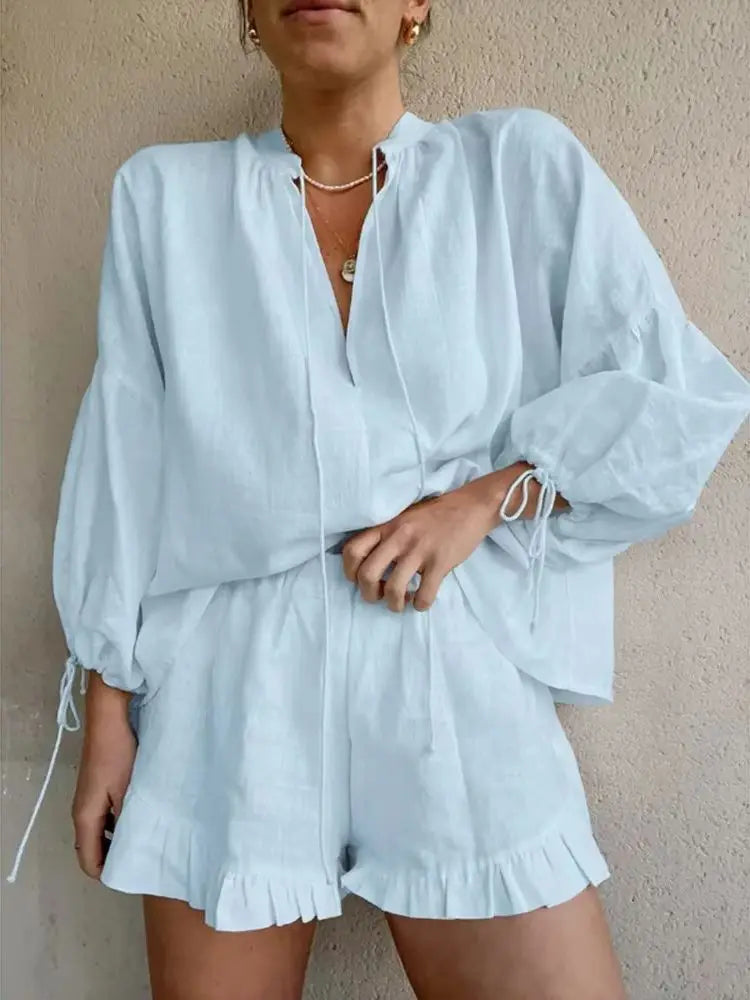 Women Cotton Linen Short Pants Sets Casual Long Sleeve Pullover with Shorts Loose Y2k Streetwear 2 Pieces Outfit Matching Sets