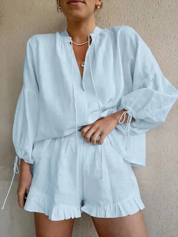 Women Cotton Linen Short Pants Sets Casual Long Sleeve Pullover with Shorts Loose Y2k Streetwear 2 Pieces Outfit Matching Sets