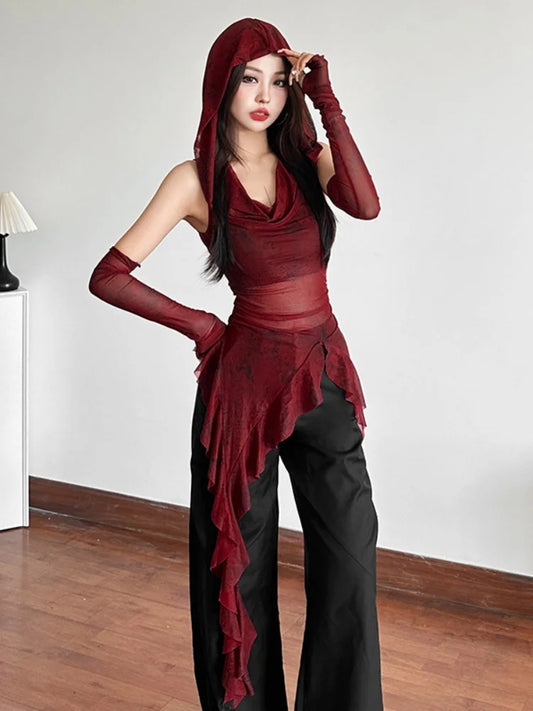 Hooded T Shirts For Women Streetwear See Through Mesh Y2k Tops Sleeve Cover Grunge Clothes Ruffles Ropa Mujer Gothic Camisetas