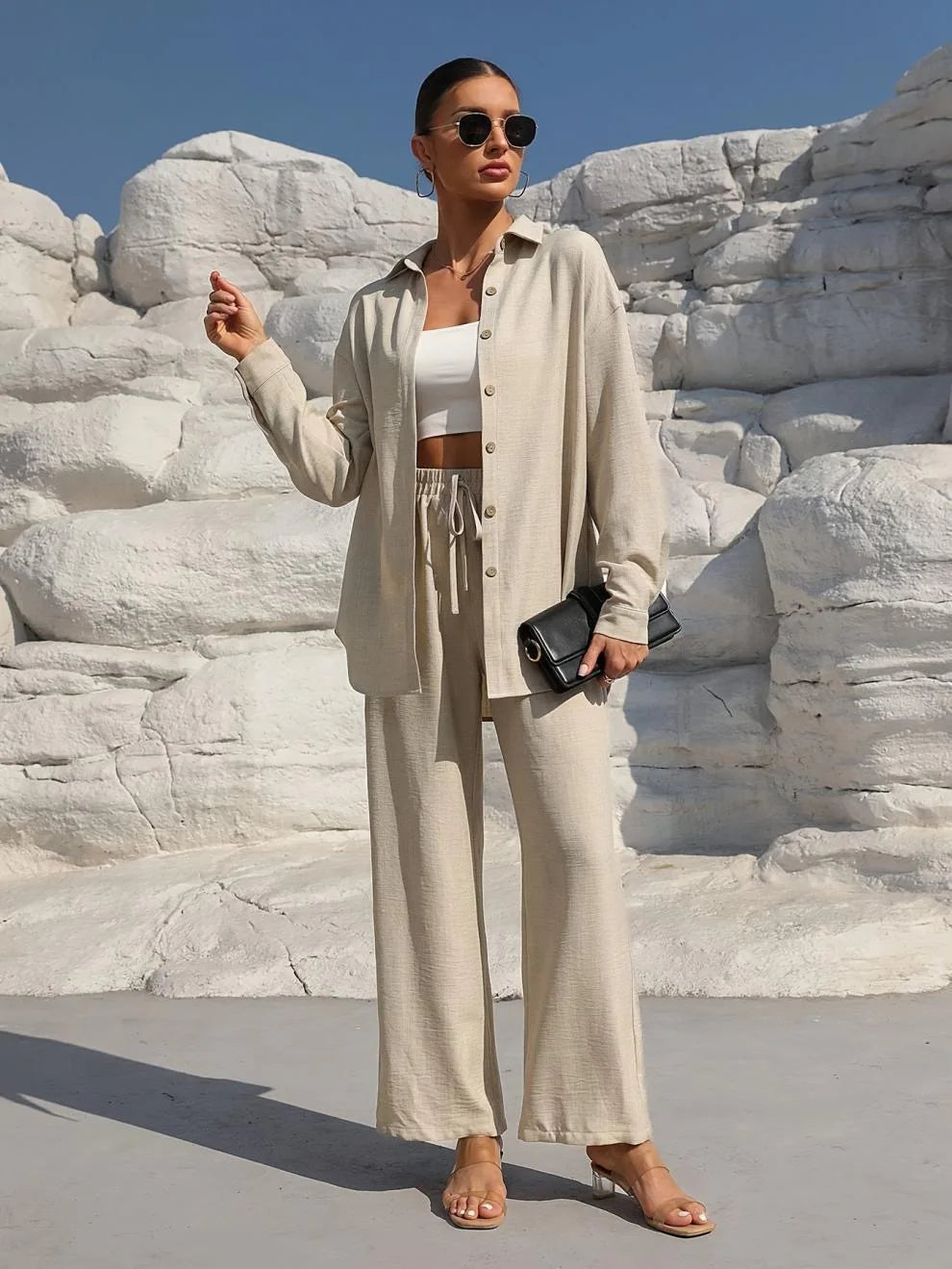 Women Linen 2 Piece Outfit Set Lapel Long Sleeve Button Down Shirt Elastic Waist Wide Leg Pants Casual Loose Matching Suit Vacat