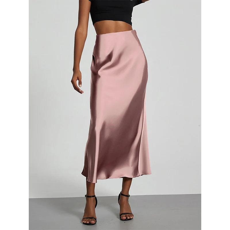 Minimalist Satin Midi Skirt  High Waist Bias Cut Flowy Hem Top for Office &amp; Casual Streetwear