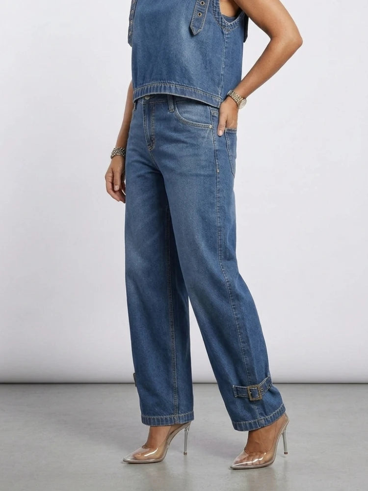 Missuoo 2026 New American Retro Women's Jeans Blue High Waist Curved Wide Leg Denim Trousers with Buckles for Street Style
