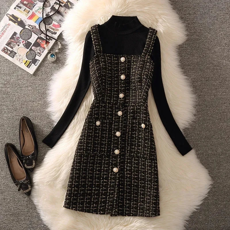 Women Autumn Winter Dress New Small Fragrant Tweed Vest Suspender Woolen Dress Bottom Knitted Sweater Female Two-Piece Set Suit